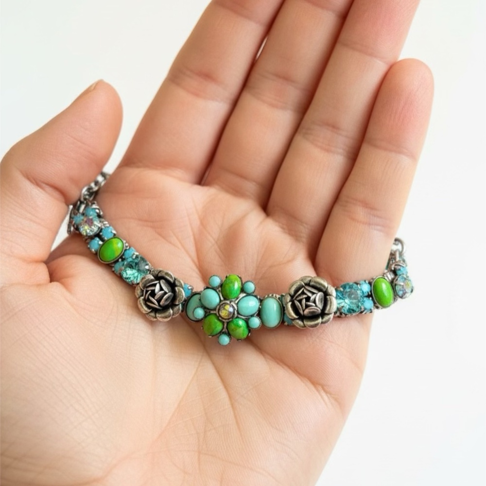 Vintage Mary DeMarco Aqua, Green & Silver Floral Bracelet